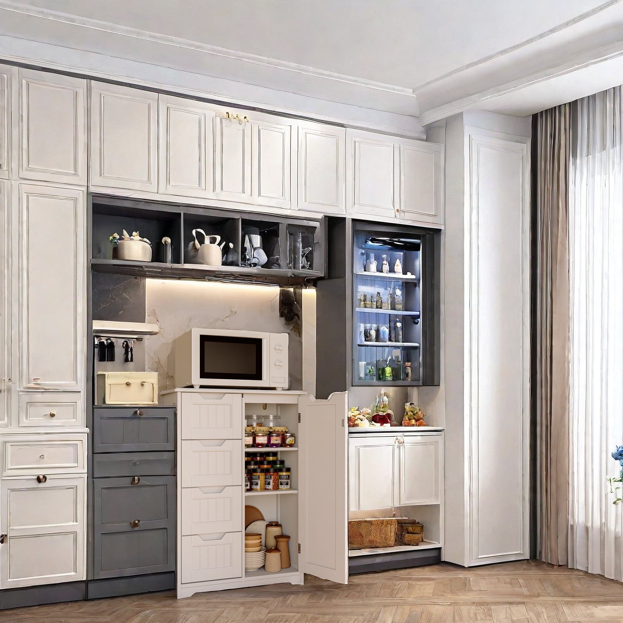 Kitchen Pantry Cabinet, 34" Small Food Pantry Storage Cabinet with Cutout Handles, White