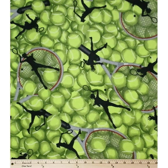 Fleece Packed Tennis Balls Racquets Rackets Players Athletes Sport Green Fleece Fabric Print by the Yard (6216S-10H)