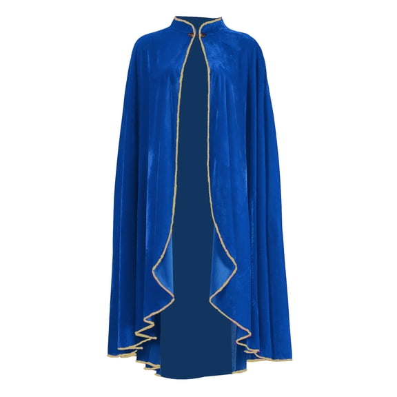 UTSJKR Unisex Velvet Stand‑Collared Full‑Length Cloak with Golden Trim for Medieval Wizard Witch Halloween Cosplay Stage Performance Costume Blue