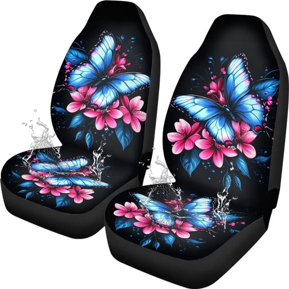 Yuyamidu Blue Butterfly Auto Seat Covers for Front Seats Only 2 PCS Set Pink Flowers Auto Bucket Seat Cover Universal Car Interior Accessories