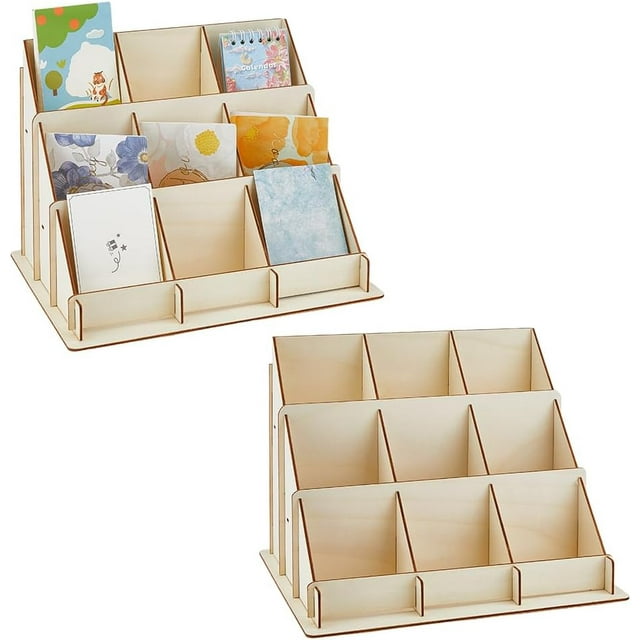 DICOSMETIC 2 Sets 4-Tier Greeting Card Display Stand Wood Sticker Display Stand 9 Pockets Portable Sticker Rack Display Card Display Rack for Home Retail Counter Display, Blanched Almon