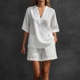thumbnail image 2 of FINALGANG Womens Solid Color Two Piece Outfit V Neck Notch Collar Short Sleeve Top Elastic Waist Shorts Casual Matching Set For Summer Daily Wear Stylish Set, 2 of 4