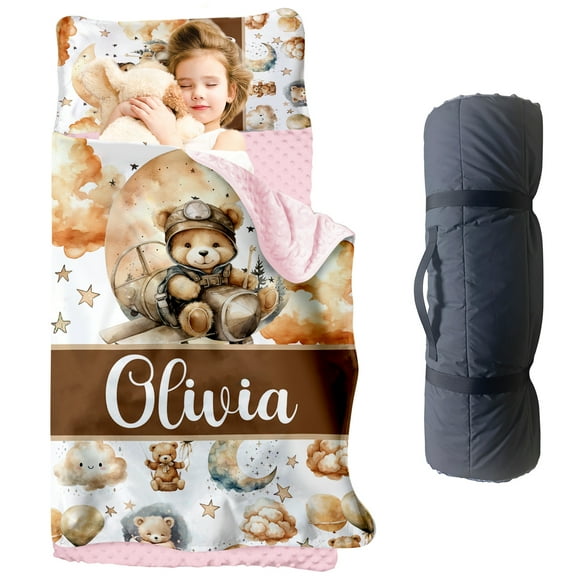 AOLOA Personalized Toddler Nap Mat for Preschool, Custom Name Kids Nap Mat with Pillow Cover and Nap Blanket, Daycare Nap Mats for Kindergarten, Balloon Bear Design Rolled Slumber Bags Easy to Carry