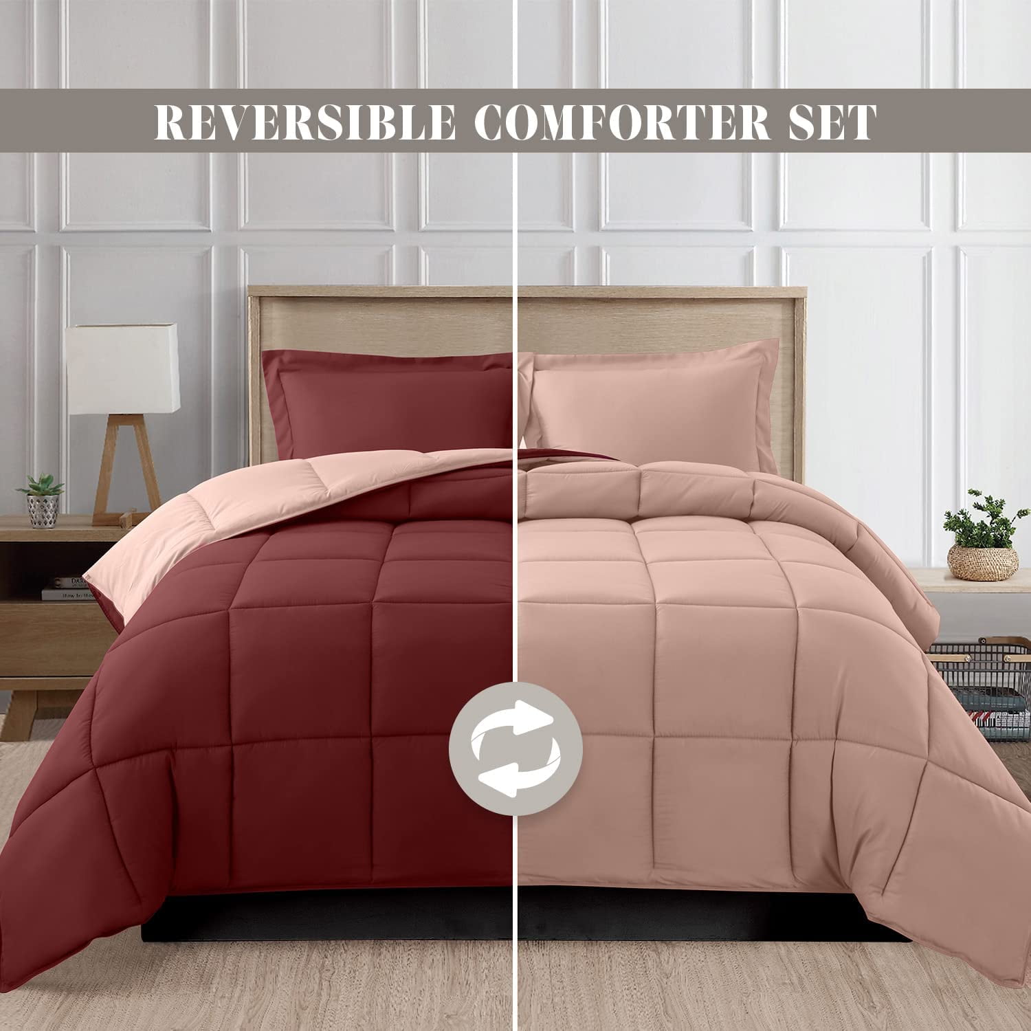 Mocassi Reversible 3-Piece Comforter Set with Matching Shams, Two Colors in One for Ultimate Versatility and Style, Twin/TwinXL, Burgundy/Dusty