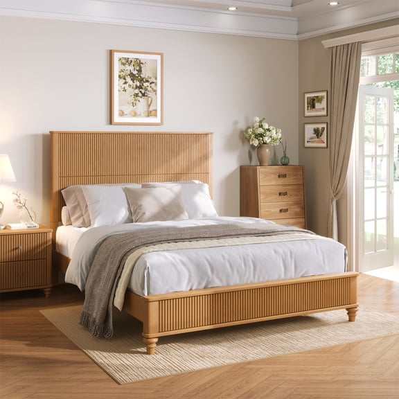 Solid Wood Bed Frame,Queen Platform Bed Frame with Headboard,Tall Headboard Natural Wood Bed ,No Box Spring Needed,Natural