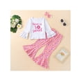 thumbnail image 2 of Bagilaanoe 3pcs Toddler Girl Birthday Outfits Flare Long Sleeve Letter Donut Print Tops + Bell-bottom Trousers + Headband 2T 3T 4T 5T 6T Kids Long Pants Set, 2 of 9