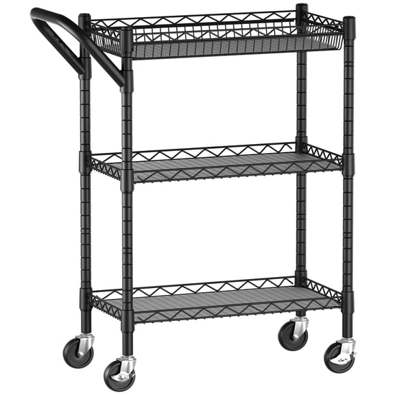 HOHYN 3 Tier Industrial-Grade Commercial Grade Utility Cart, Wire Rolling Cart with Handle Bar, Steel Service Cart with Wheels, Kitchen Carts on Wheels, Metal Cart Shelf Size 18" D x 23.8" W, Black