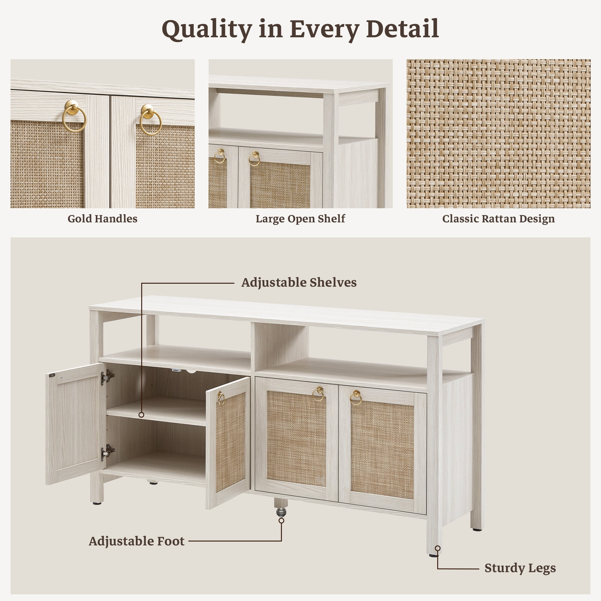 SICOTAS Boho TV Stand for TVs up to 65", Rattan 29.5" Tall Entertainment Center with Storage Cabinets & Adjustable Shelves , TV Console Table for Living Room, White Oak