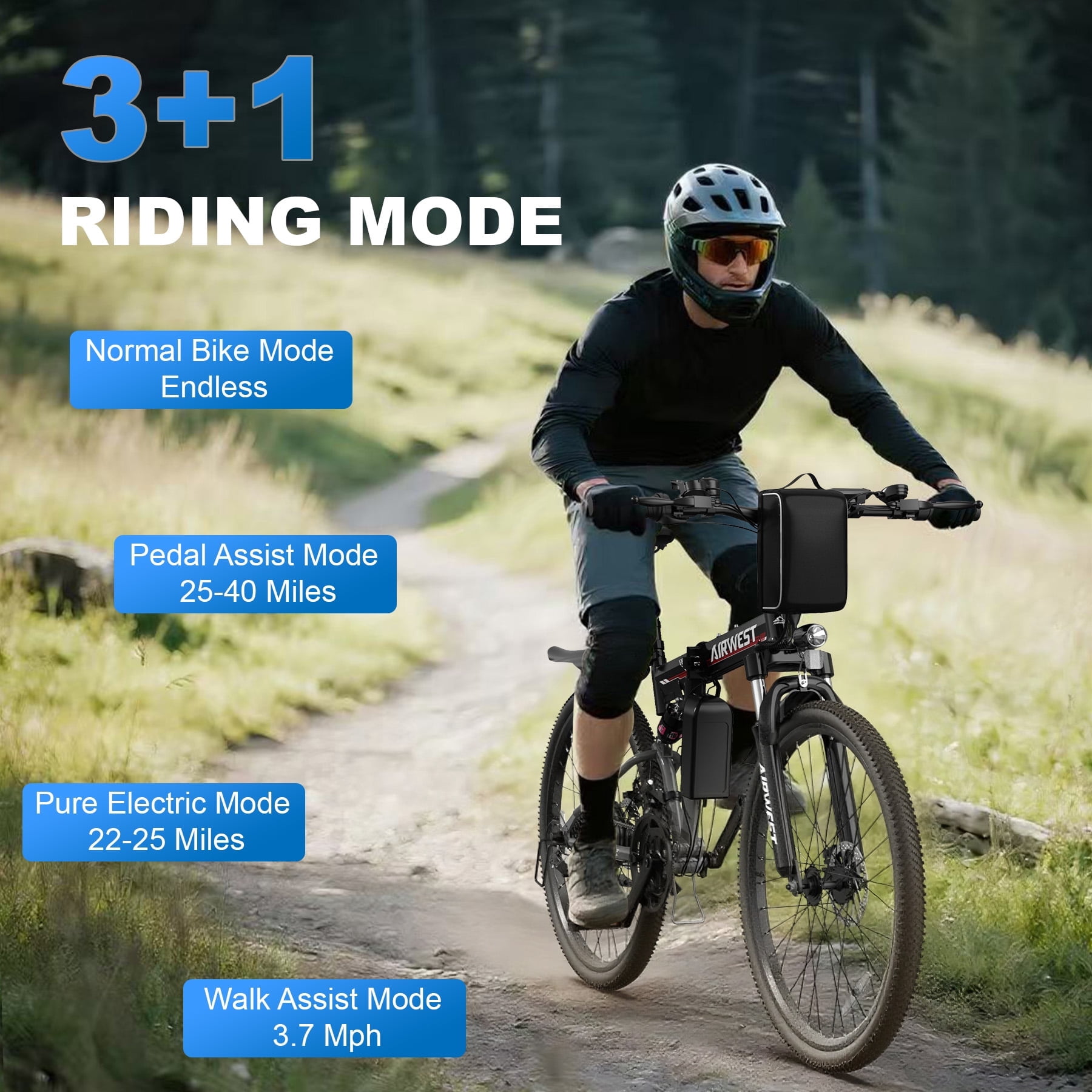 AIRWEST Electric Bike - 26'' Adult E Bike, Peak 750W 20MPH Electric Mountain bike with 48V7.8AH Removable Battery with Fork Suspension and Dual Disc Brakes, UL2849
