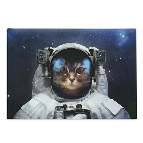 Space Cat Cutting Board, Milkyway Galaxy Space Traveller Cat in Suit with Stars Backdrop Image, Decorative Tempered Glass Cutting and Serving Board, Large Size, Navy Blue and White, by Ambesonne