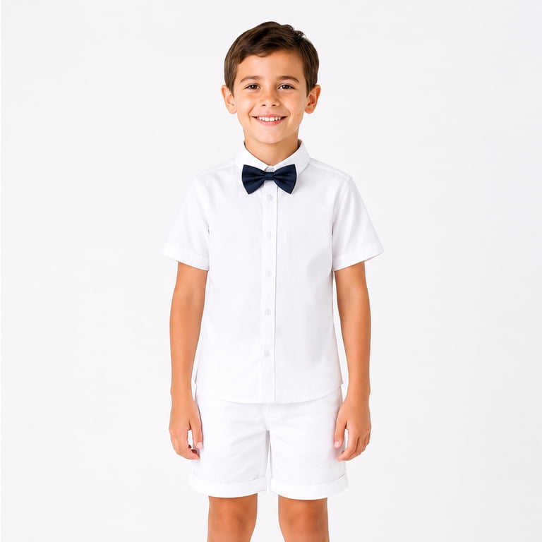 3t dress shirt Littlespring 3T White Button Down Shirt Boys Short Sleeve Dress Shirt with Bow Tie School Uniform Solid