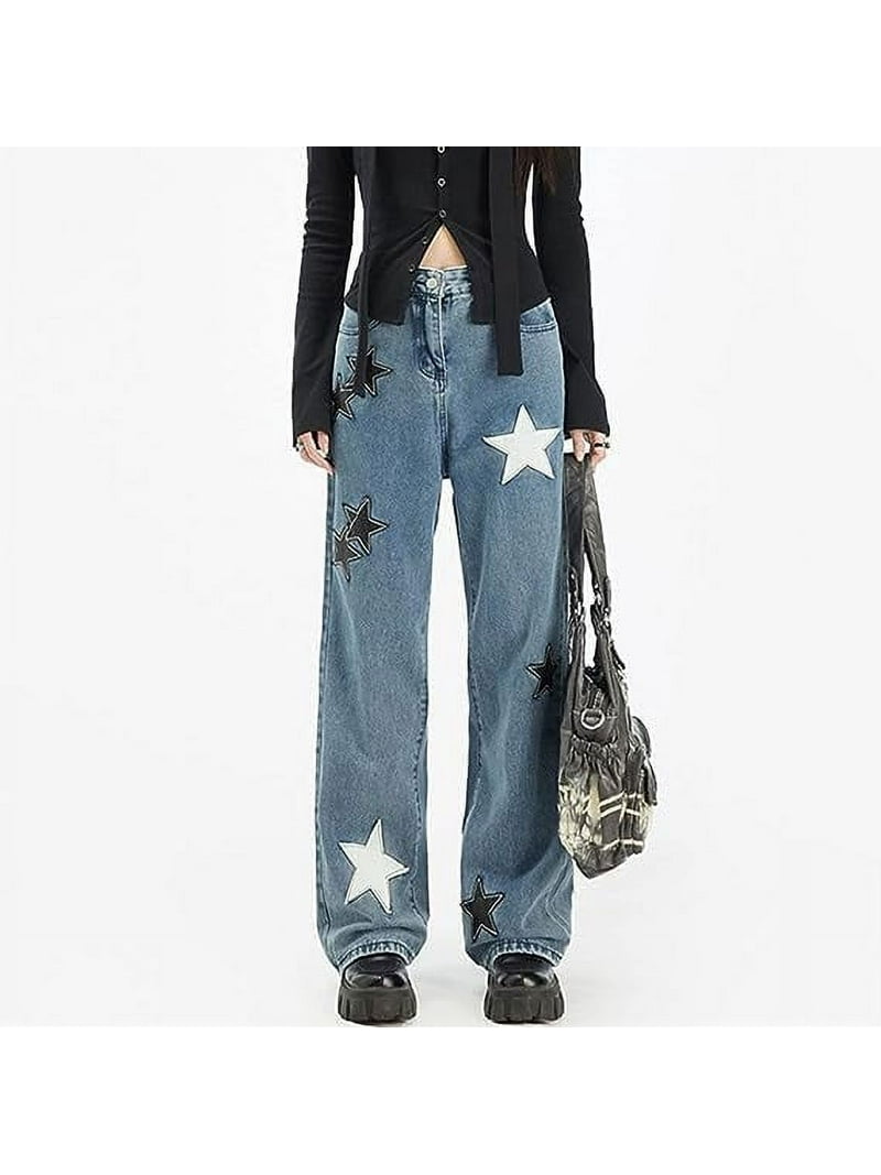 LinYooLi Y2K Baggy Jeans Star Patch Wide Leg Pants Alt Emo