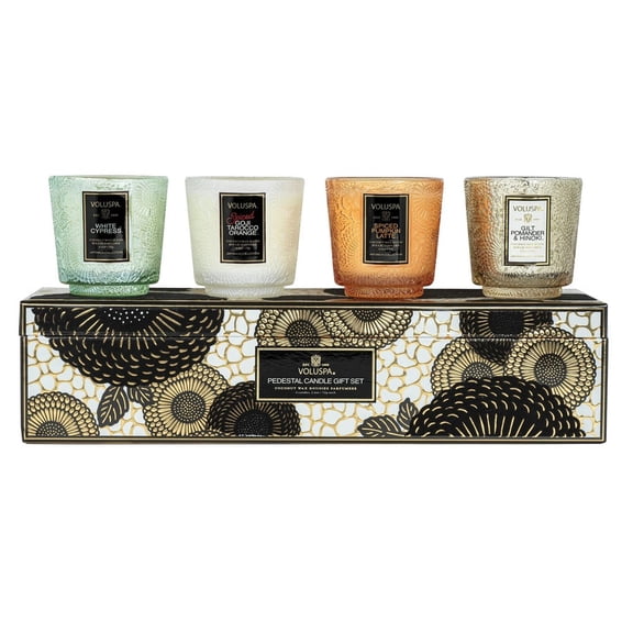 Voluspa 4 Piece Velvet Holiday 2.5 oz Pedestal Candle Gift Set