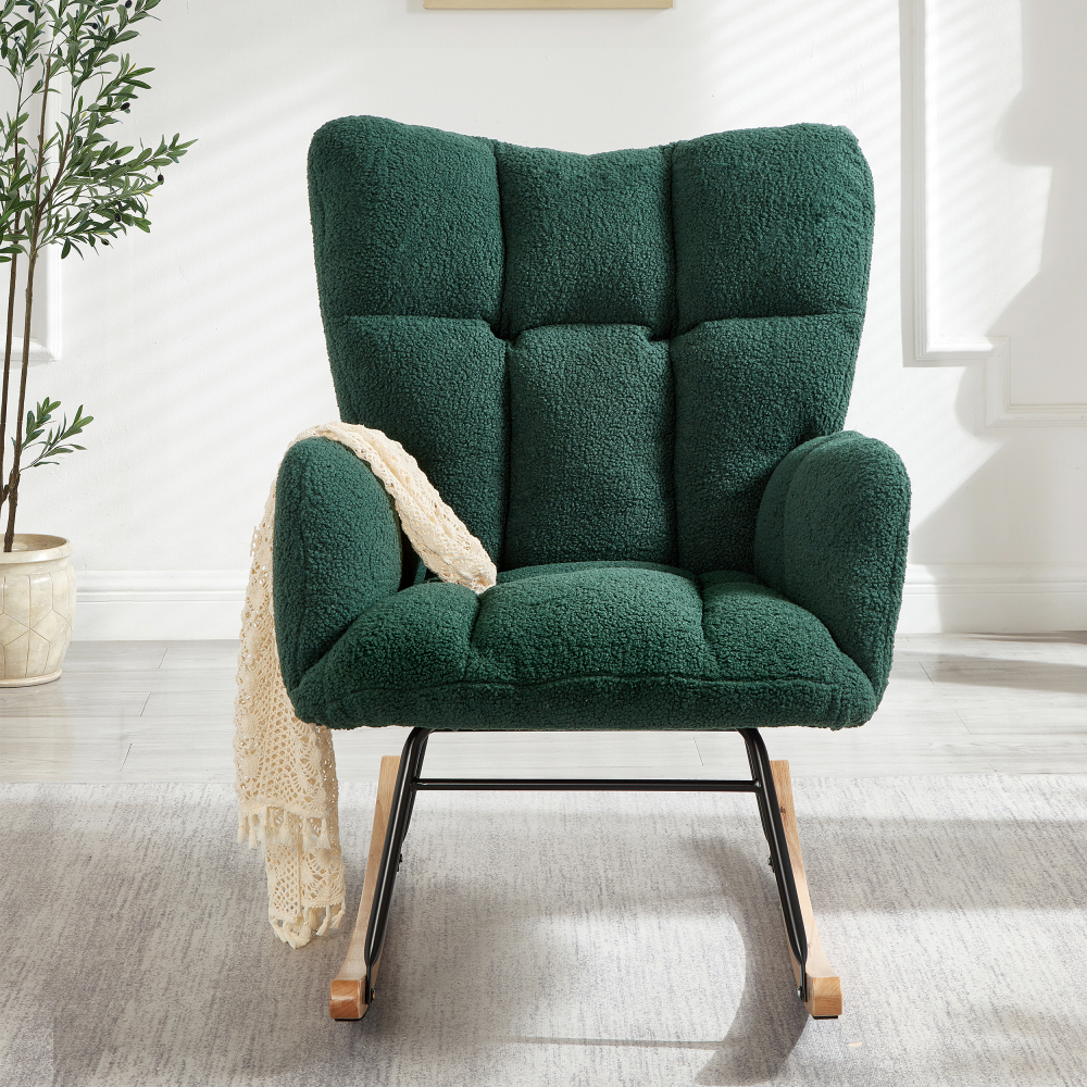 DECMAY Glider Chair for Living Room, Tufted Upholstered Teddy Fabric Rocking Accent Chair with Metal Frame and Wooden Legs