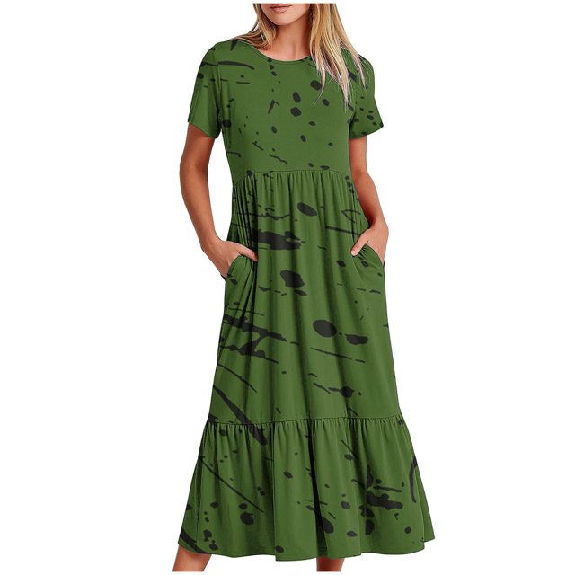 SDNall Womens Fashion Round Neck Short Sleeve Printed Dress