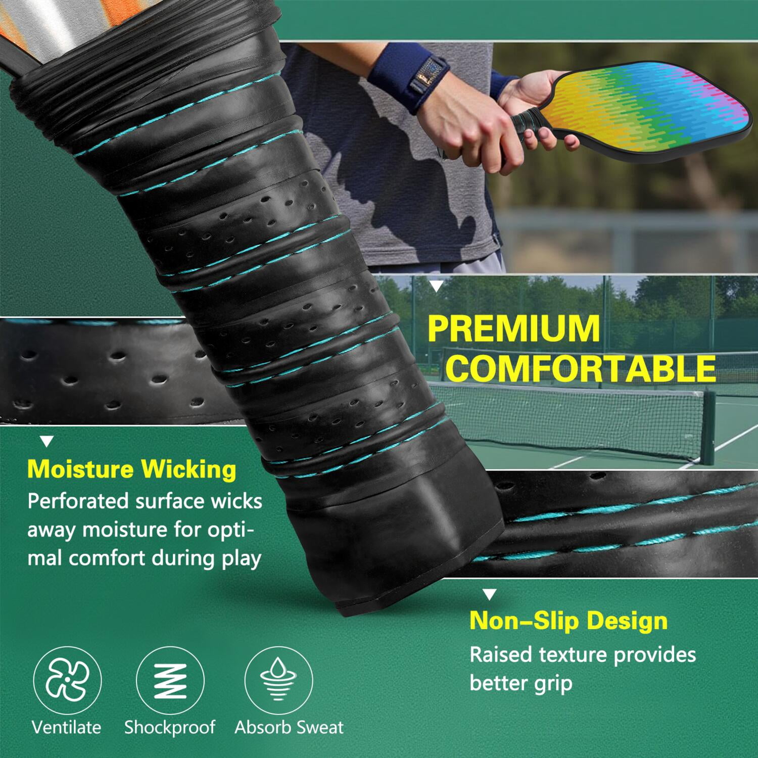 Pickleball Paddles Set Of 1, Fiberglass Surface, Vibrant Rainbow Print, 1 Paddle, 2 Balls & Bag