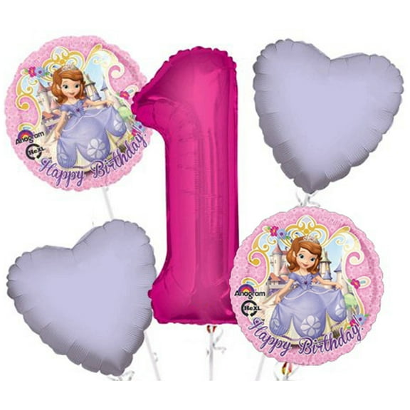 Sofia The First Balloon Bouquet 5 pc, 1st Birthday, Hot Pink Number 1 Jumbo Balloon