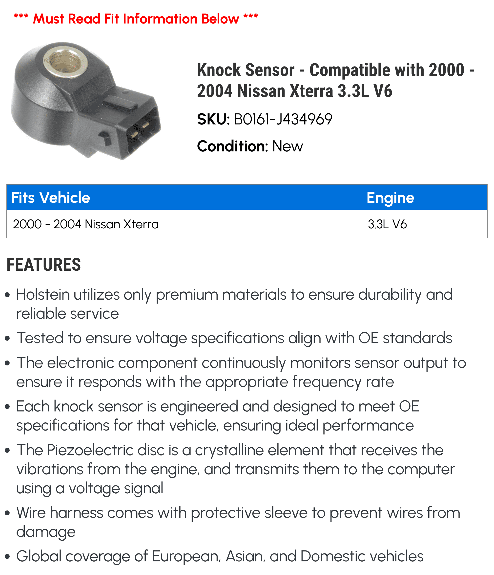 Knock Sensor - Compatible with 2000 - 2004 Nissan Xterra 3.3L V6 2001 2002 2003