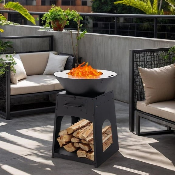 Topcobe Patio Fire Pit with Firewood Log Rack with Grill and Ash Box for Camping Backyard Deck Picnic Porch, Backyard Furniture, Black