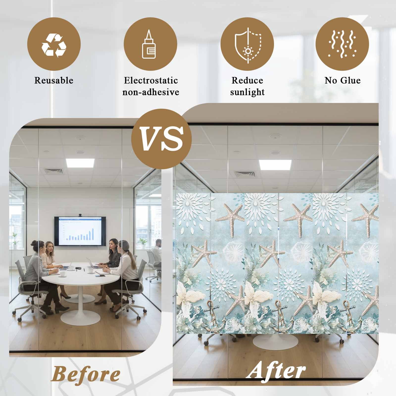 Teal Ocean Coastal Privacy Window Film, Decorative Frosted Glass Window Film, Summer Beach Nautical Coral Starfish Reusable Peel and Stick Static Cling for Home Bathroom Office Glass Door 23.6"x59"