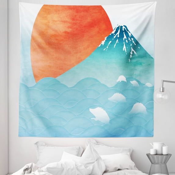 Wave Tapestry, Image Japanese Far Eastern Nature Sun Ocean and Mountain, Fabric Wall Hanging Decor for Bedroom Living Room Dorm, 5 Sizes, Vermilion Seafoam, by Ambesonne
