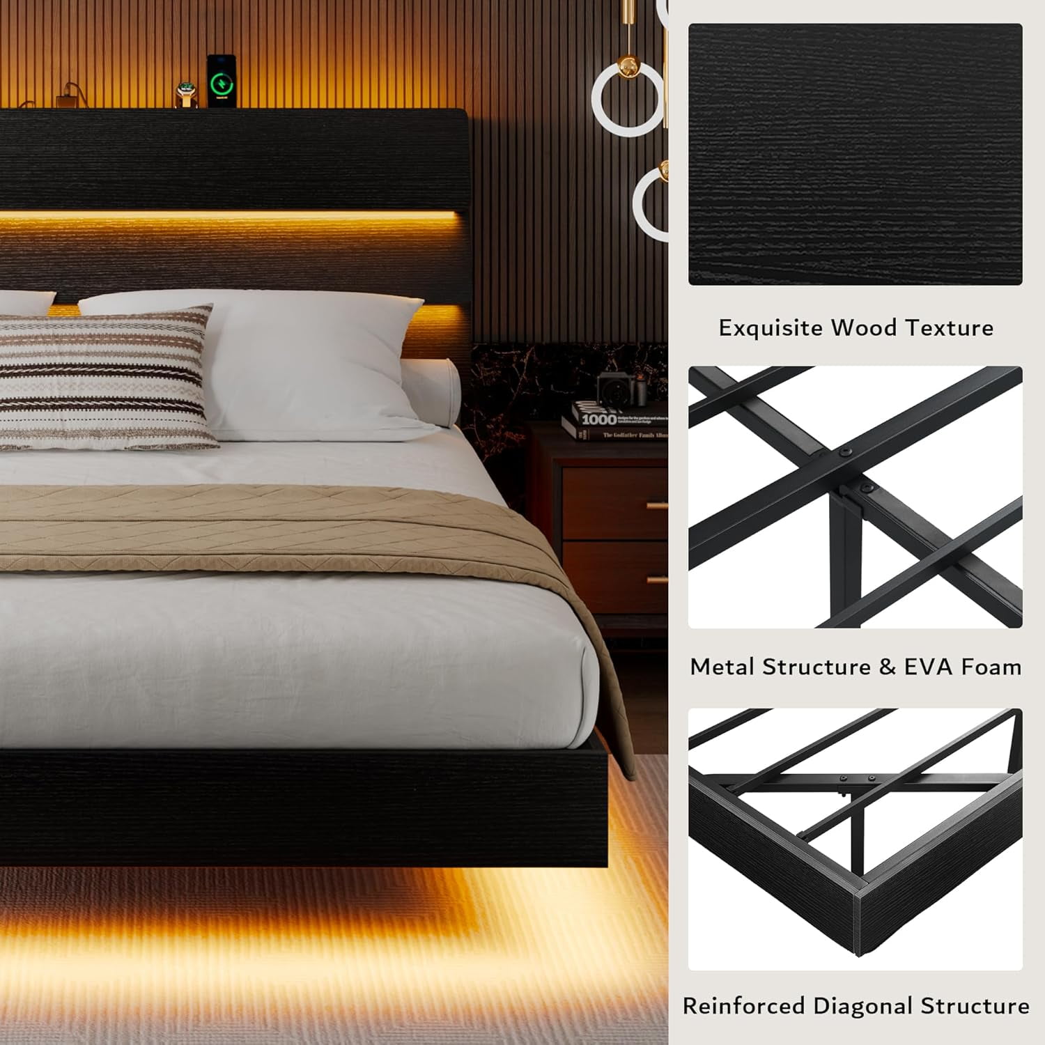 Honfach Floating Full Size Bed Frame with LED Lights & Charging Station, Platform Bed with Wooden Storage Headboard, Black.