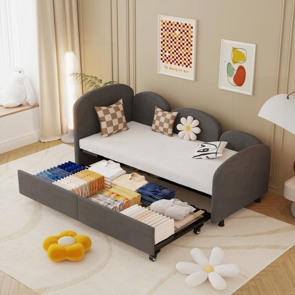 Twin Size Bed Frames with Another Frame! Velvet Upholstered Daybed - Features Flower Shape & Soft Velvet (Ddry Gray)