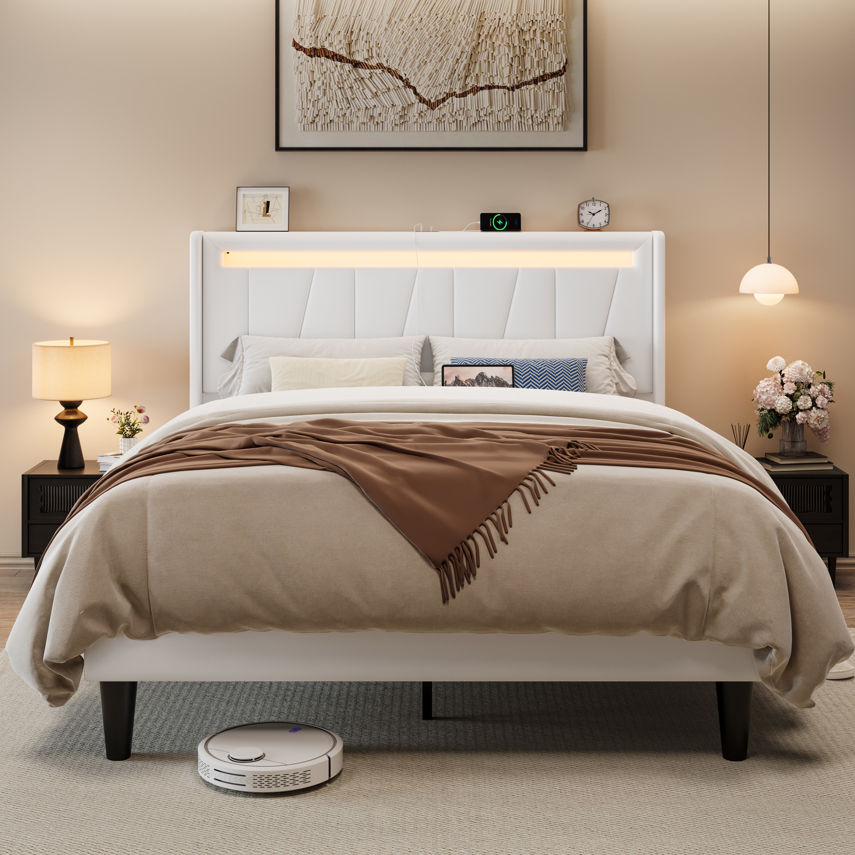 Allewie Queen Size LED Bed Frame with Charging Station, Velvet Upholstered Platform Bed with Geometric Wingback Headboard, White