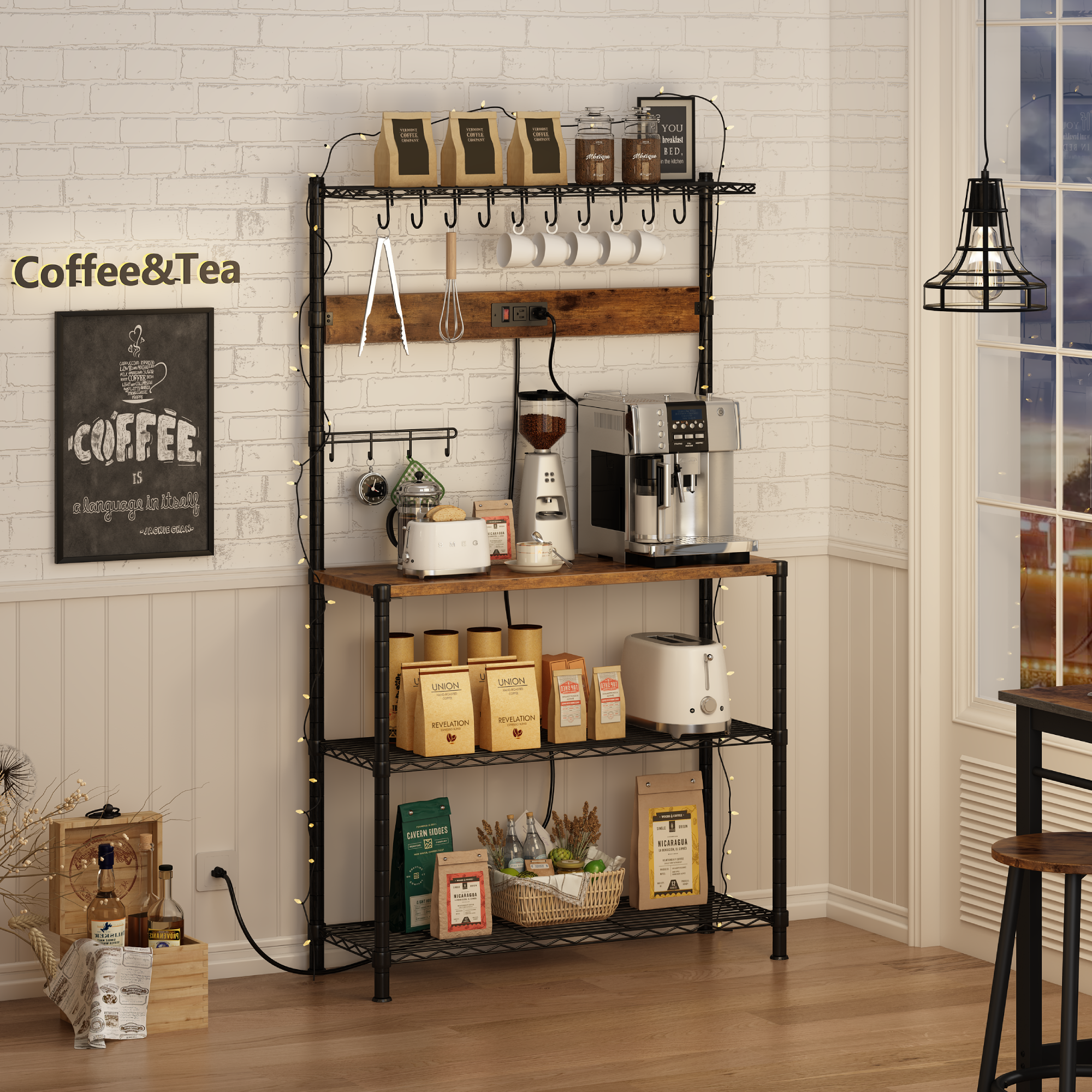 SUPERJARE Baker's Rack with Power Outlets, 4tier Kitchen Storage Rack