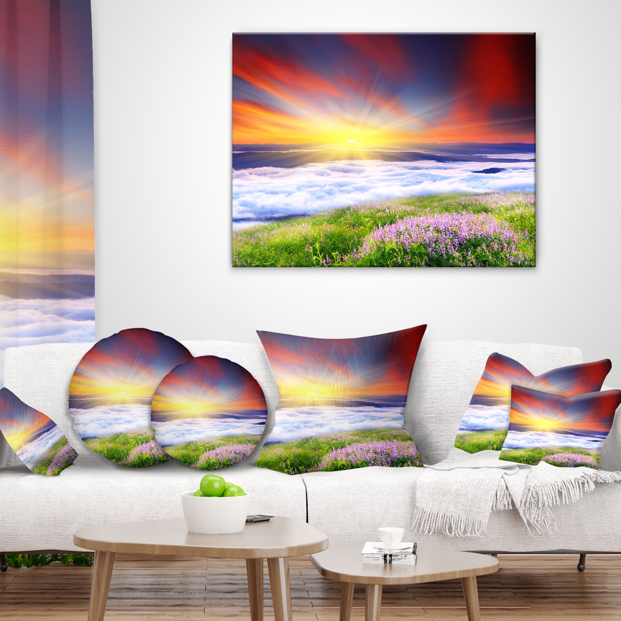 Designart Sunrise with Blooming Flowers - Landscape Printed Throw Pillow - 12x20