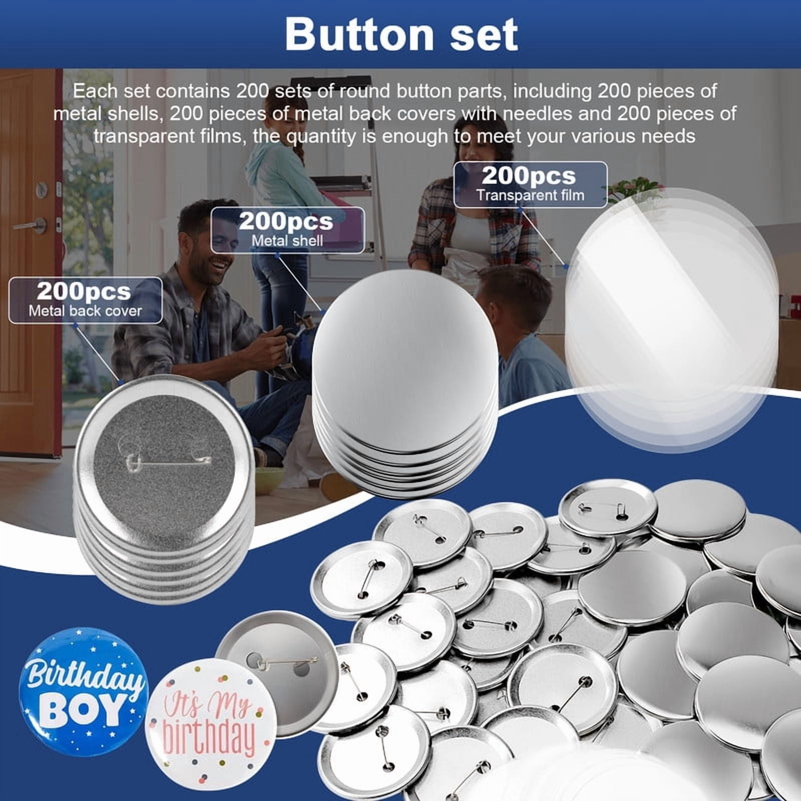 25MM Metal Blank Button Badge Parts with Blank Paper for Button Maker Machine Pin Maker Button Press, including 200PCS Metal Shell, 200PCS Metal Back Cover, 200PCS Transparent Film