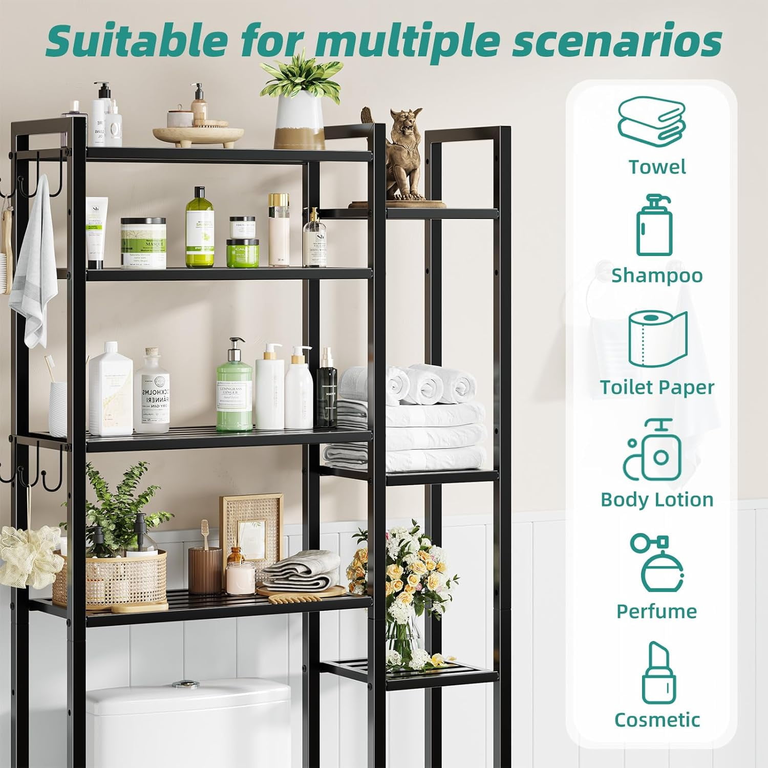 8 Tier Over The Toilet Storage with Side Rack, Bathroom Organizer Metal Shelves for Towels, Black
