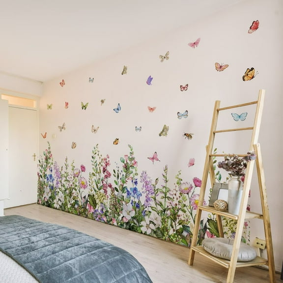Large Plant Grass Wall Corner Stickers Flower wall stickers Flowers with Butterflies Base Board Skirting Line Wall Decals for Bedroom Living Room Staircase Kitchen