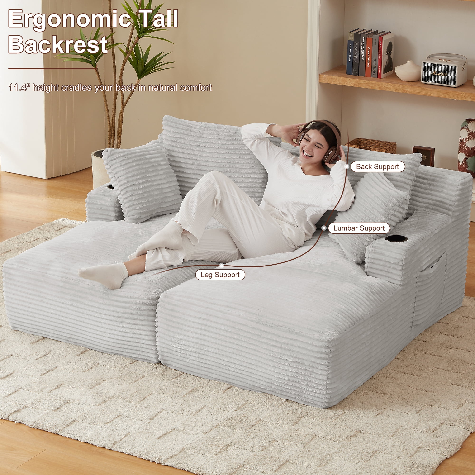 GNIXUU 70.9" Oversized Double Chaises Lounge, Indoor Boneless Sofa, Corduroy Loveseat with Cupholders & Storage Pockets, Comfy Sectional Cloud Couch Sleeper Sofas Bed for Living Room,Beige
