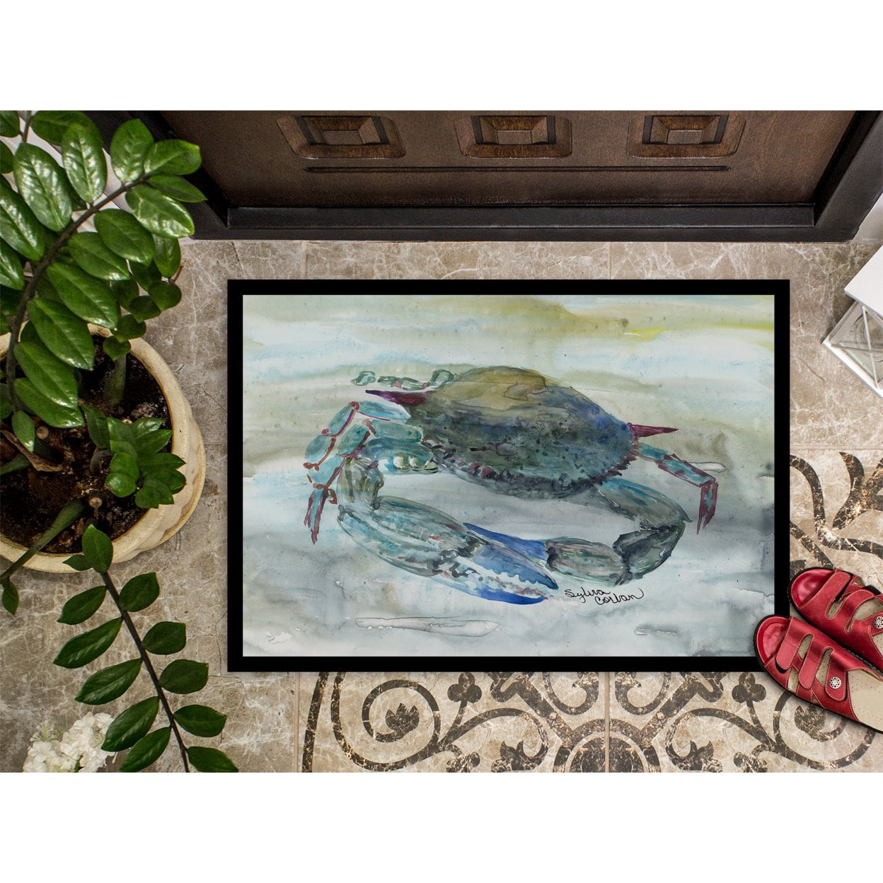 Blue Crab Watercolor Door Mat