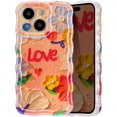 thumbnail image 2 of Case for iPhone 13 6.1 inch, Colorful Retro Oil Painting Flower Case Pretty Glossy Pattern Wave Case Cute Sparkly Floral Curly Cover Stylish Soft Case for Women and Girl - Love Flower, 2 of 14