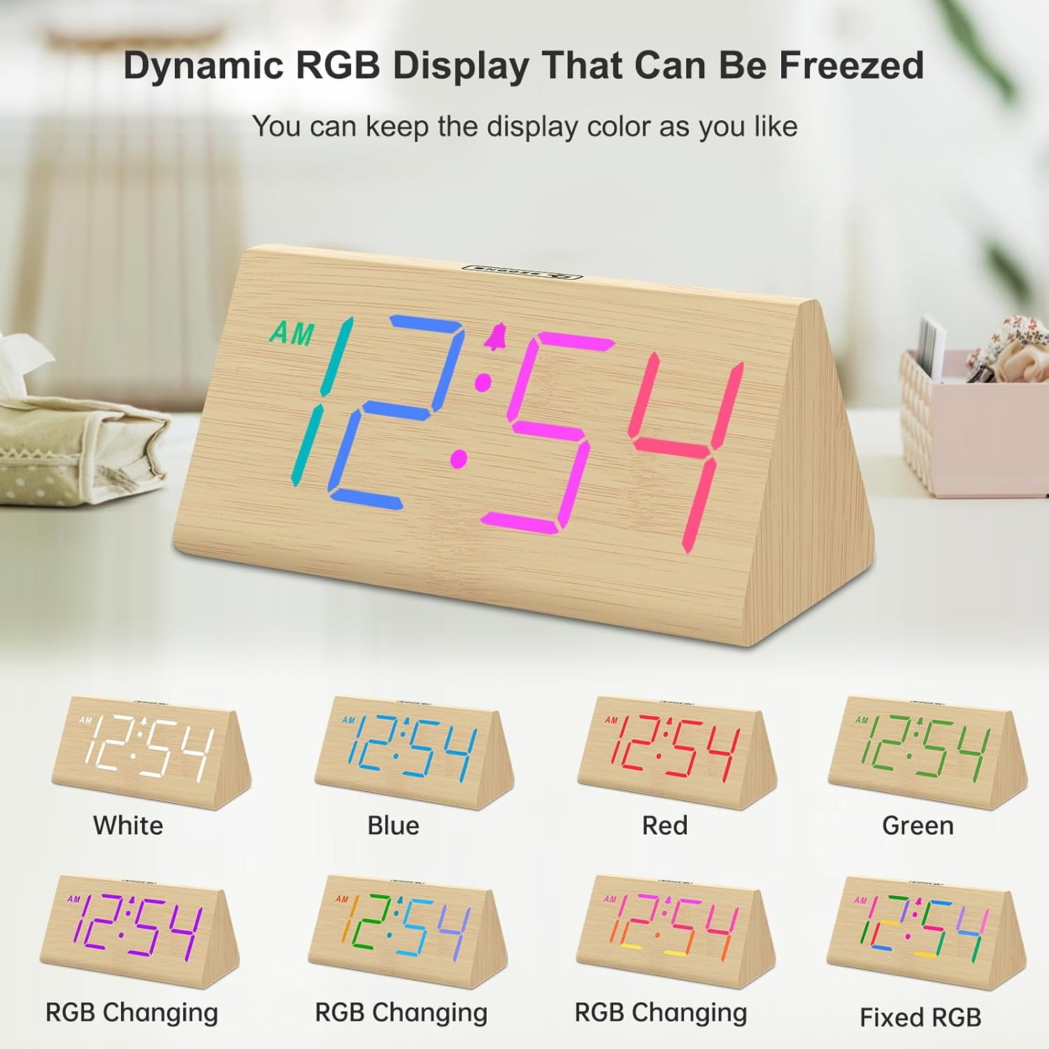 DreamSky Wooden Digital Alarm Clocks for Bedrooms - Electric Desk Clock with Large Numbers, USB Port, Loud Alarm for Heavy Sleepers, Adjustable Volume, Dimmer, DST, Wood Décor Gifts, Adapter Powered