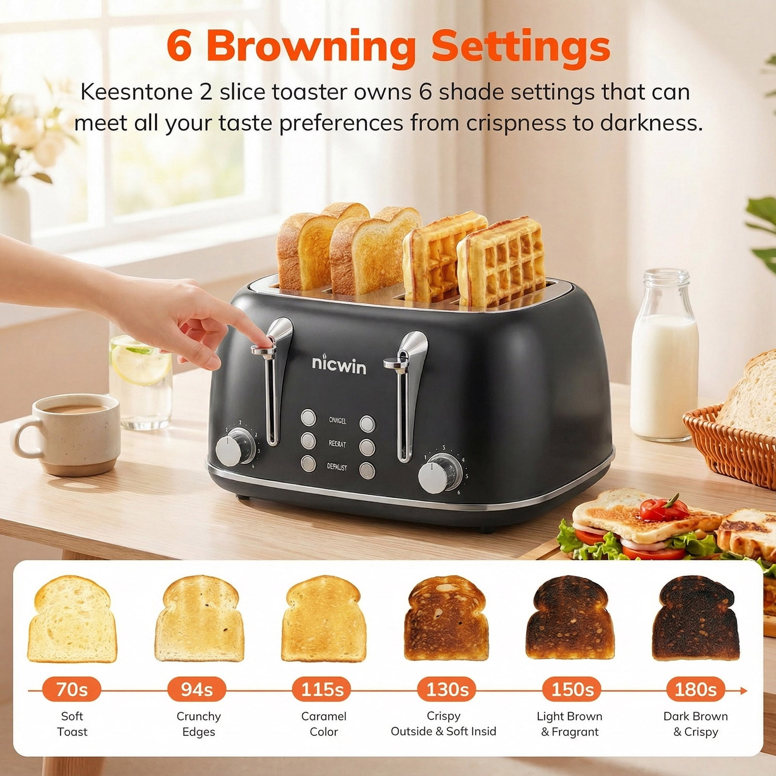 NICWIN 4 Slice Toaster, Extra Wide Slots Bread Toaster, Toast Shade Selector, Defrost & Reheat Functions for Kitchen Apartment Essentials, Black
