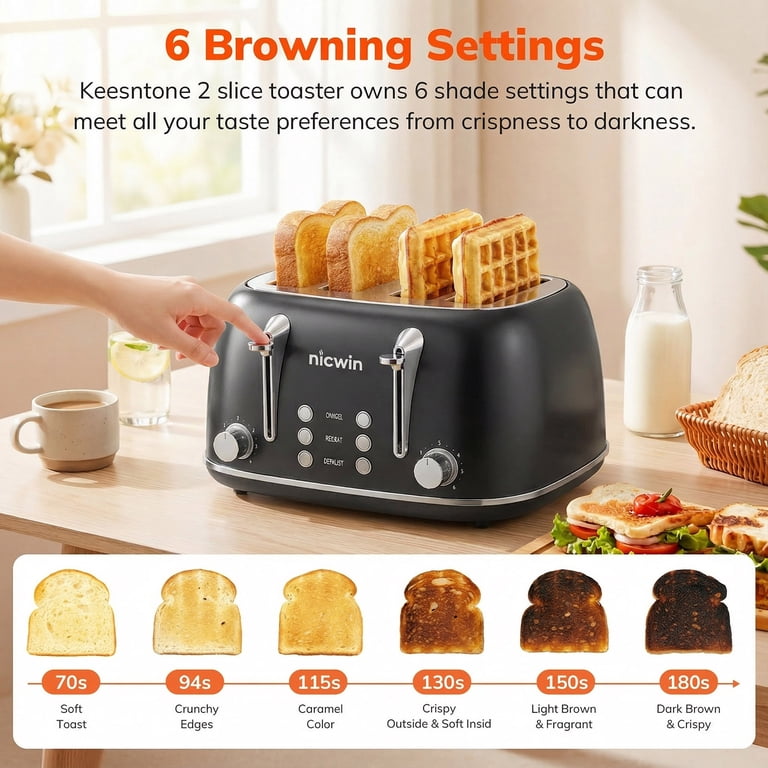 NICWIN 4-Slice Toaster, Extra-Wide Slots, Black photo 4