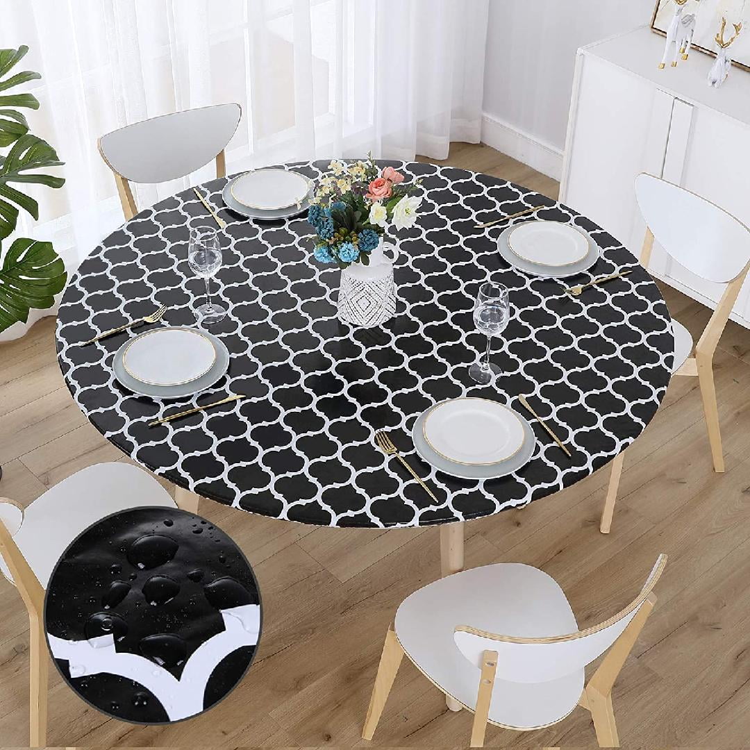 Round Fitted Vinyl Table Cloth Cover Elastic Edged Flannel Backed