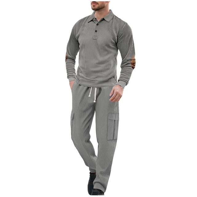 HAiming Men Corduroy Sets 2 Piece Outfits Stand Neck Button Tops and Cargo Pants Athletic Tracksuit with Pockets