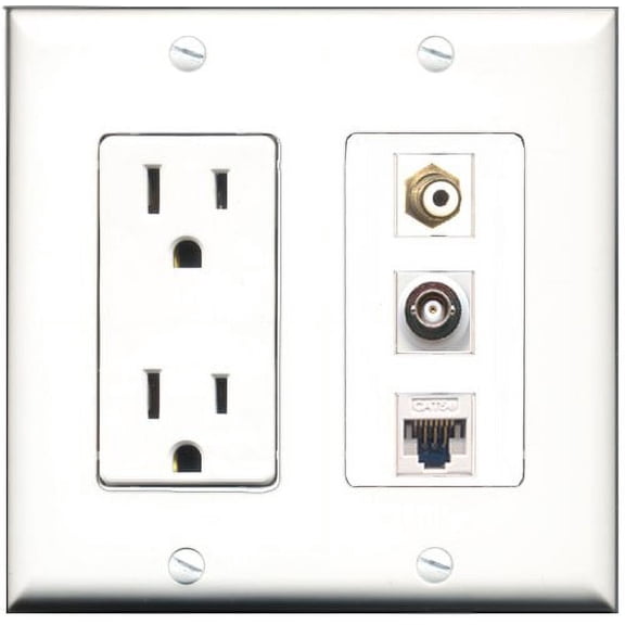 RiteAV - 15 Amp Power Outlet 1 Port RCA White 1 Port BNC 1 Port Cat5e Ethernet White Decorative Wall Plate