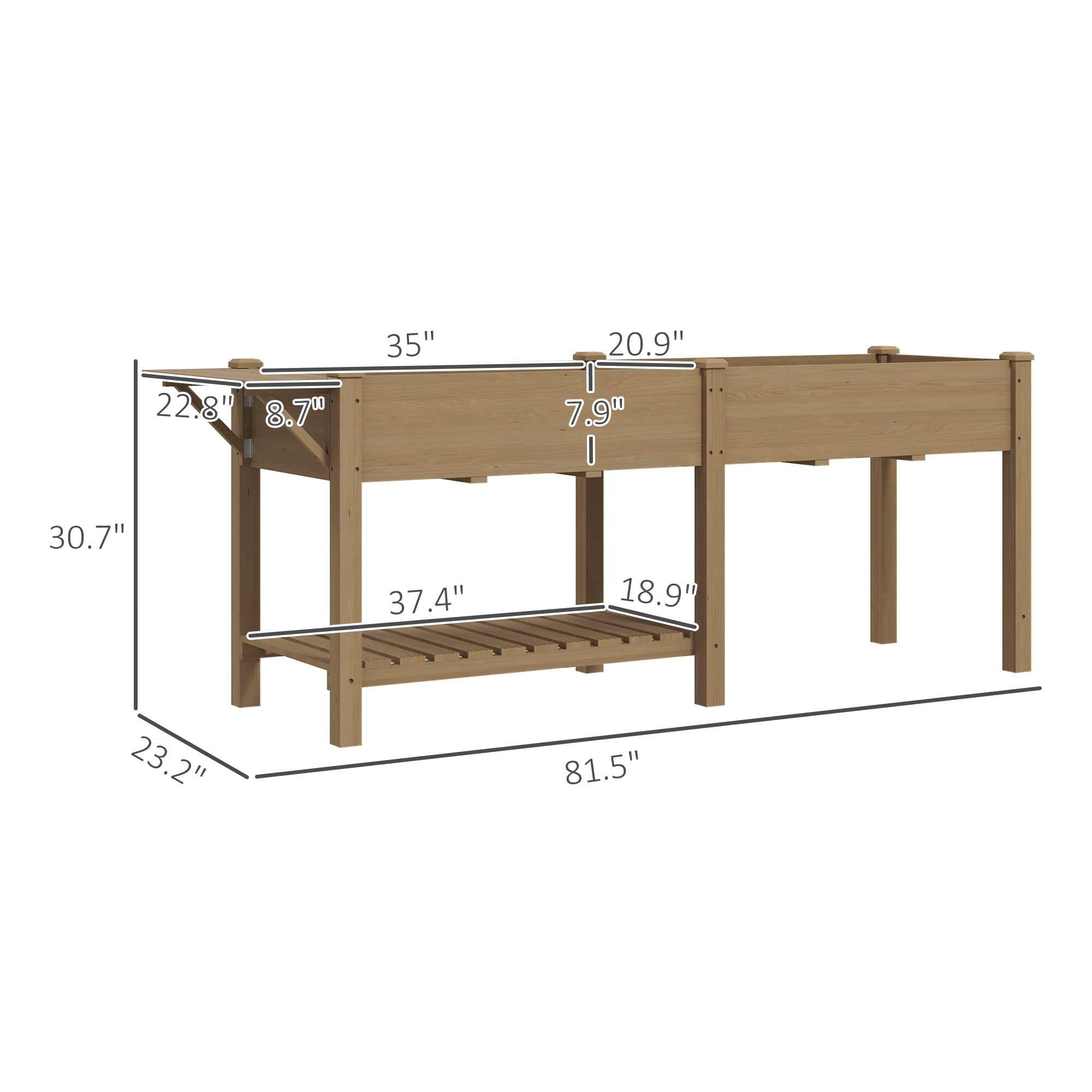 Elevated Garden Bed, Wood Raised Garden Box with Side Table, Bottom Shelf, Bed Liners and Drainage Holes