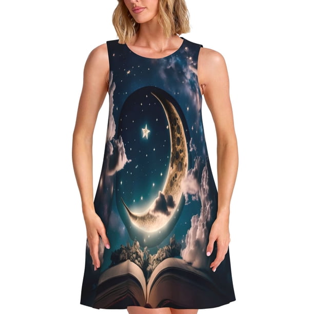 Balery Artistic Starry Sky Moon Book Vestidos de verano para mujer con estampado: vestido holgado sin mangas, vestido playero informal y cómodo para días calurosos.