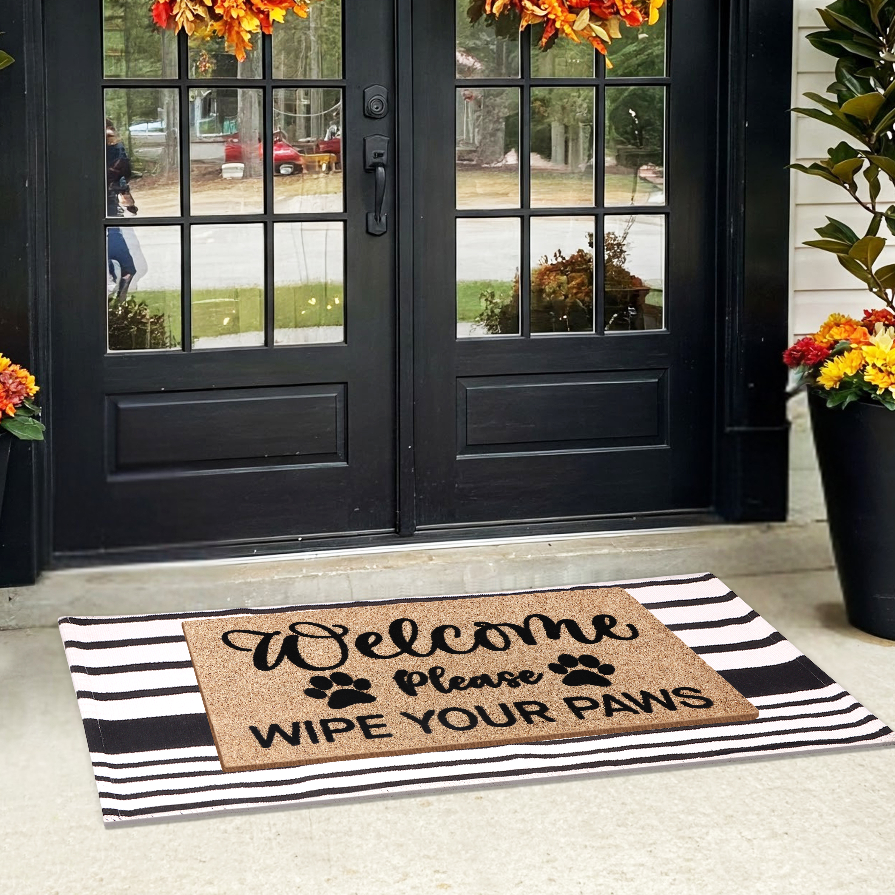 A1HC Coir Welcome Mat and Black & White Striped Cotton Rug Combo Set, 24"x36" & 24"x51", Hand-Woven Washable Entryway Décor