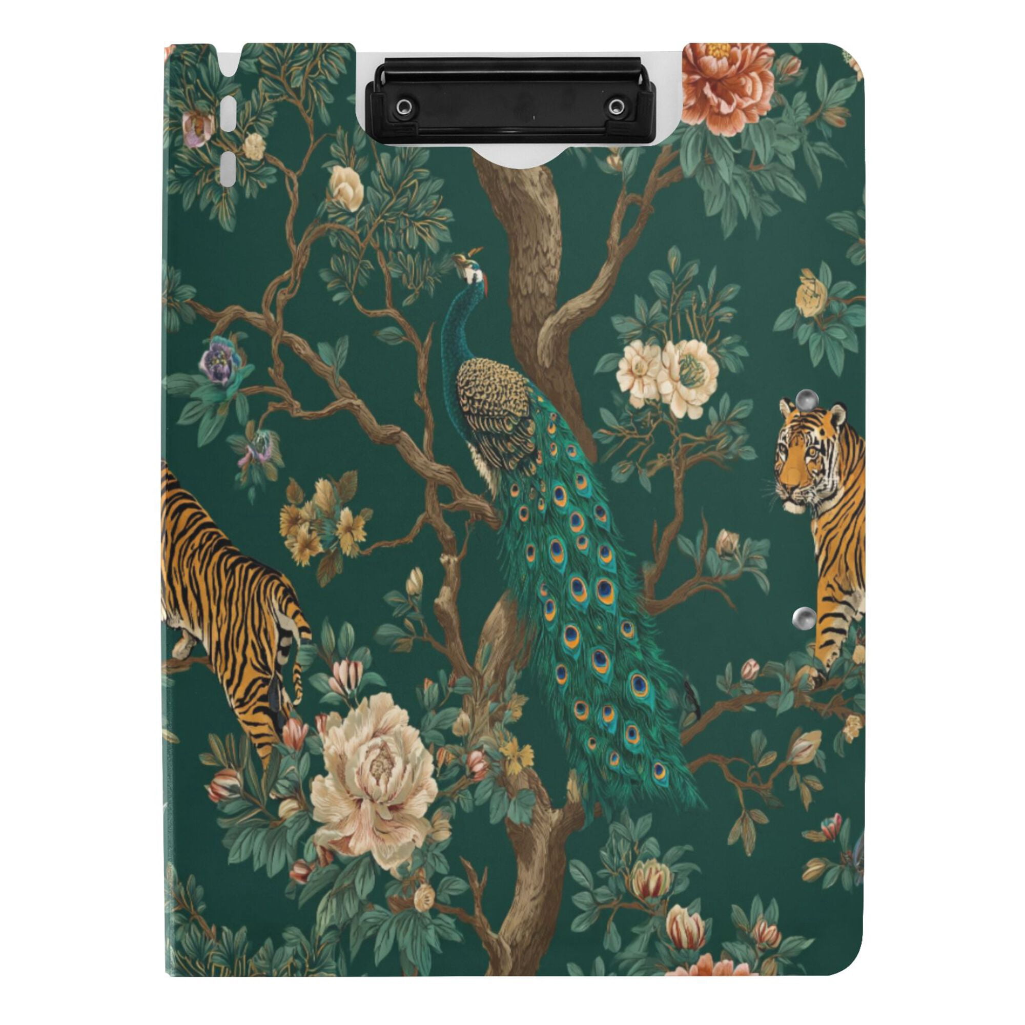 FORMRS A4 Clipboard Folder with Pen Holder Horizontal Foldable School Office Binder, Tiger and Peacock Pattern
