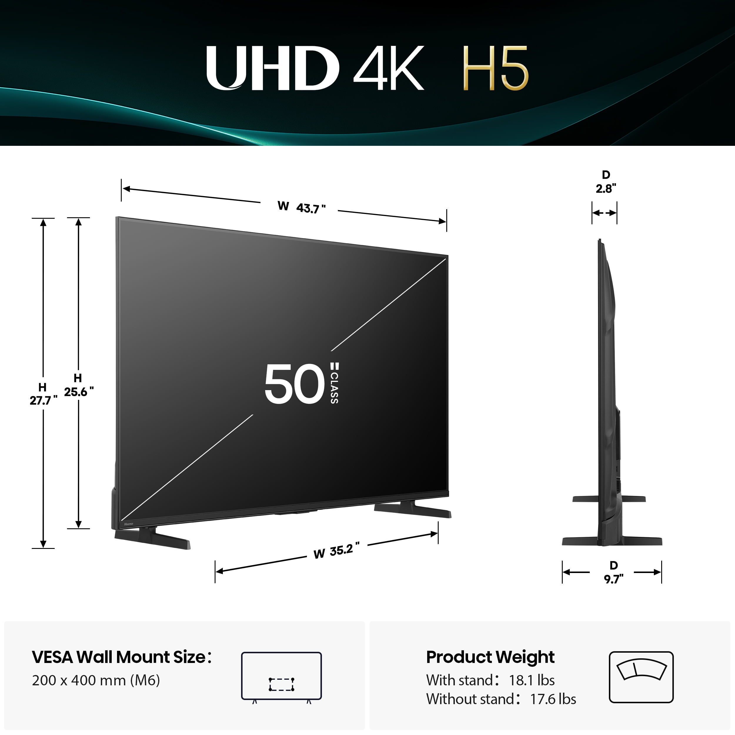 Hisense 50-Inch Class H5 Series 4K UHD HDR Google Smart TV (50H5BG, 2025 Model) - Dolby Vision Gaming, HDR 10, Motion Rate 120, AI Upscaler, DTS Virtual X, Game Mode Plus, Google Assistant Built-In