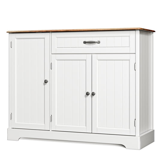 Aiho 42” Coffee Bar Cabinet with Storage, Kitchen Storage Cabinet, Sideboard Buffet Cabinet with 8 Shelves, 1 Drawer - White and Retro
