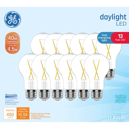 GE General Purpose Bulbs A19 LED Light Bulbs, 40 Watt Replacement, Daylight (12 Pack)