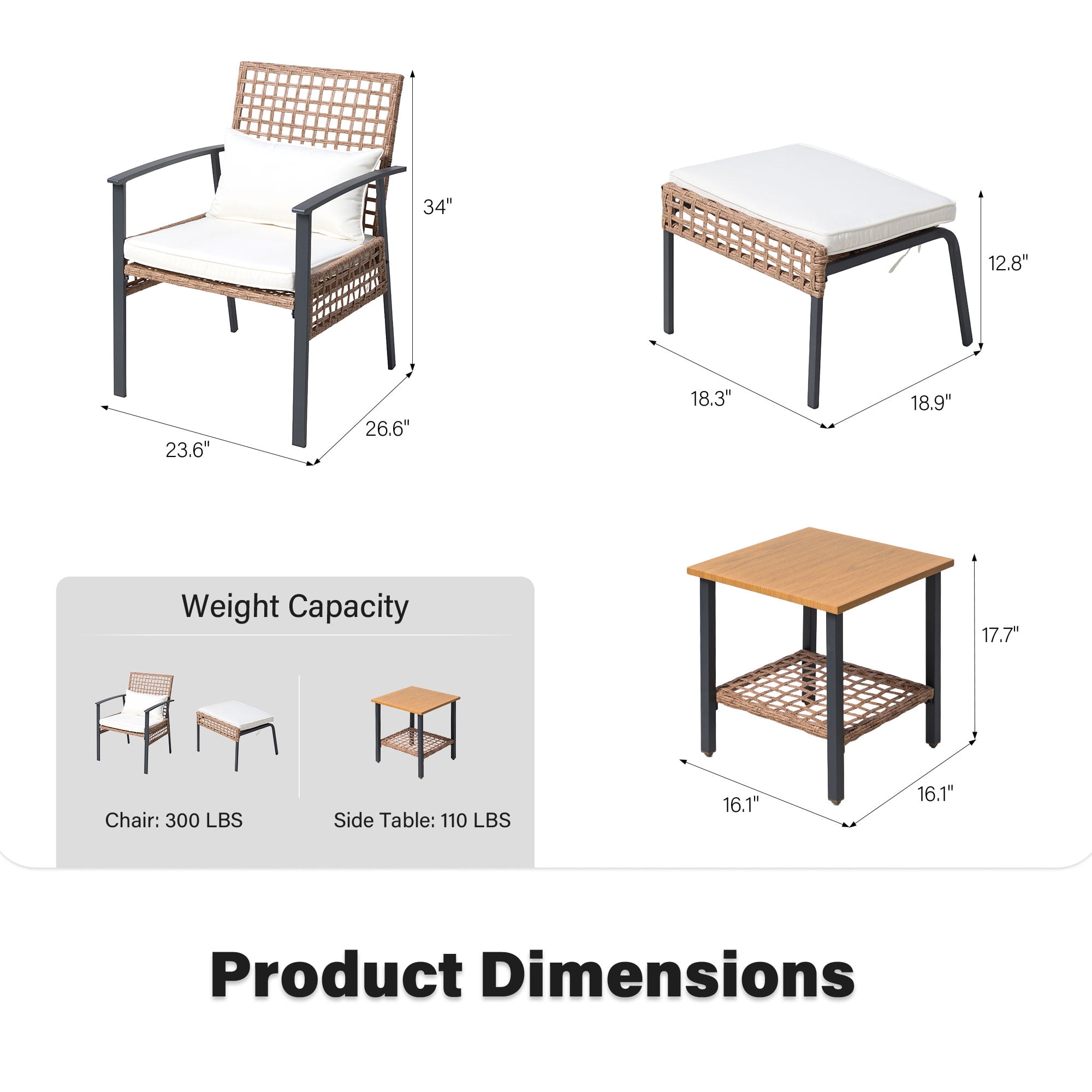 LAUSAINT HOME 5 Pieces Patio Furniture Set with Ottomans, Wicker Outdoor Conversation Set with Cushions and Coffee Table for Backyard, Poolside, Porch, Balcony